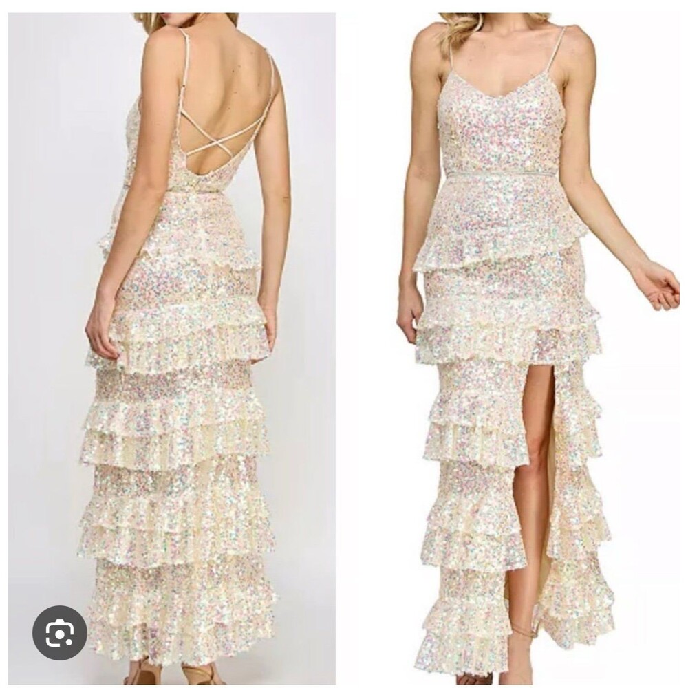 Prom Iridescent Sequined Spaghetti Strap Long Side Slit Ruffle Layered Dress 17